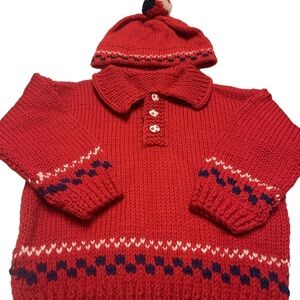 Hand Made Knitted Baby Red Sweater with Beanie Sz 24M - Photos for measurements